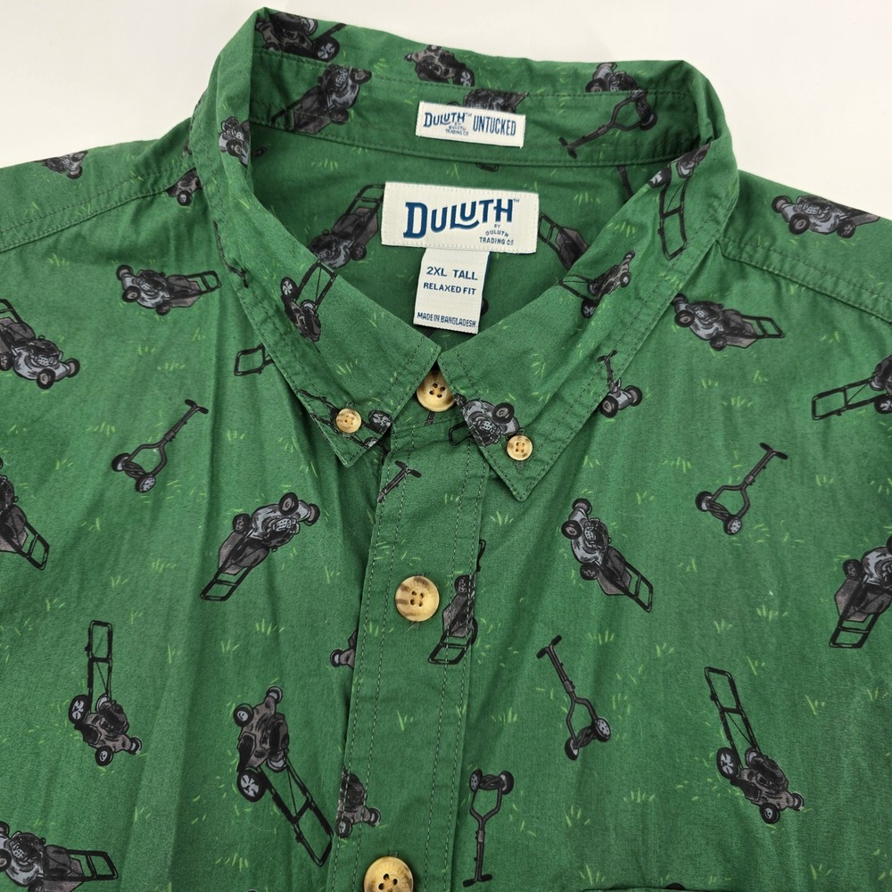 Duluth Trading Co Untucked Shirt Mens Lawn Mower Print Green 2XL Tall